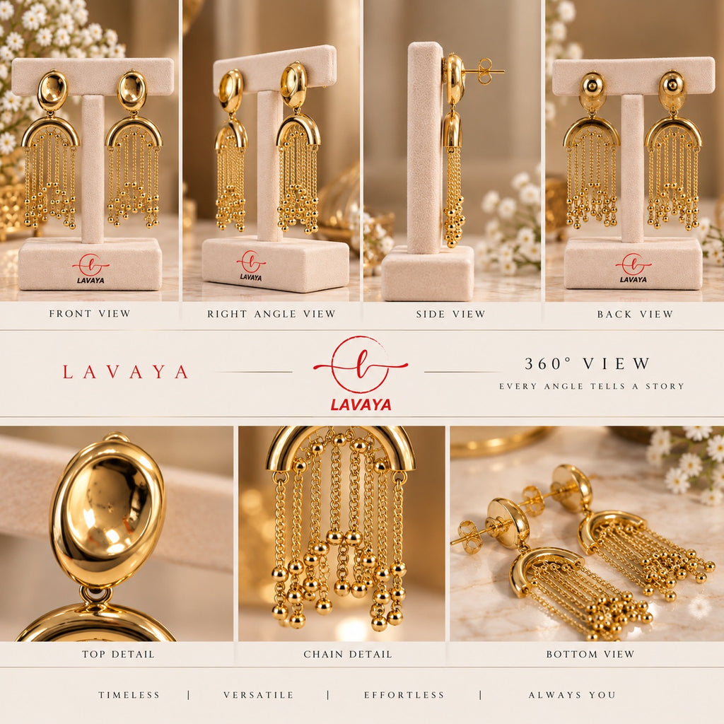 Gold-Plated Horseshoe Arc & Dangling Beaded Chain Earrings for Women