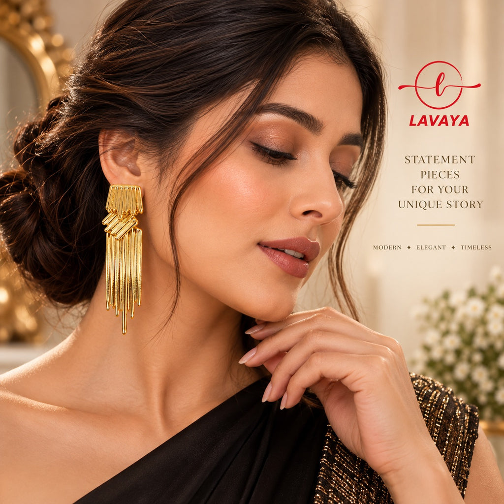Lavaya Golden Glamour Long Tassel Drop Earrings for Women | Elegant Layered Fringe Statement Earrings | Premium Party & Wedding Fashion Jewellery