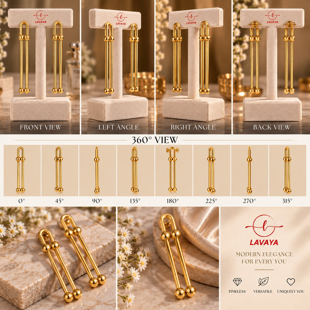 Lavaya Modern Linear U-Link Ball Bar Gold Drop Earrings