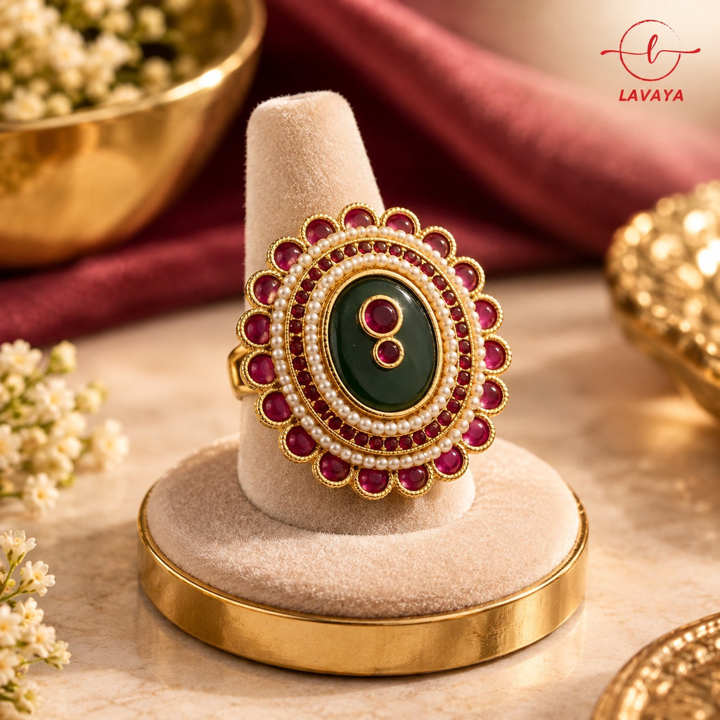 Lavaya Royal Ruby Red & Emerald Green Oval Kundan Statement Ring with Pearl Detailing and Gold-Tone Finish