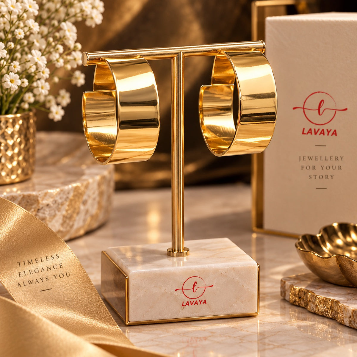 Lavaya Golden Aura Bold Wide Hoop Earrings for Women | Elegant Sculpted Cuff-Style Statement Earrings | Premium Gold-Tone Fashion Jewellery