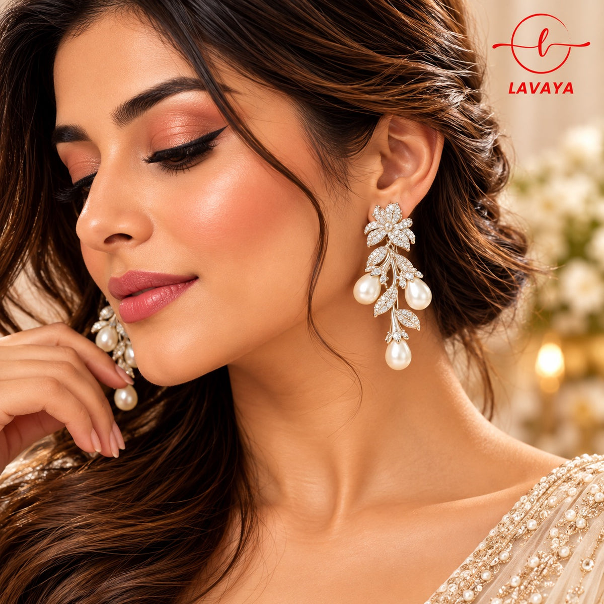 Lavaya Luxury Pearl Floral Crystal Drop Earrings for Women – Elegant Designer Statement Earrings for Wedding & Party Wear