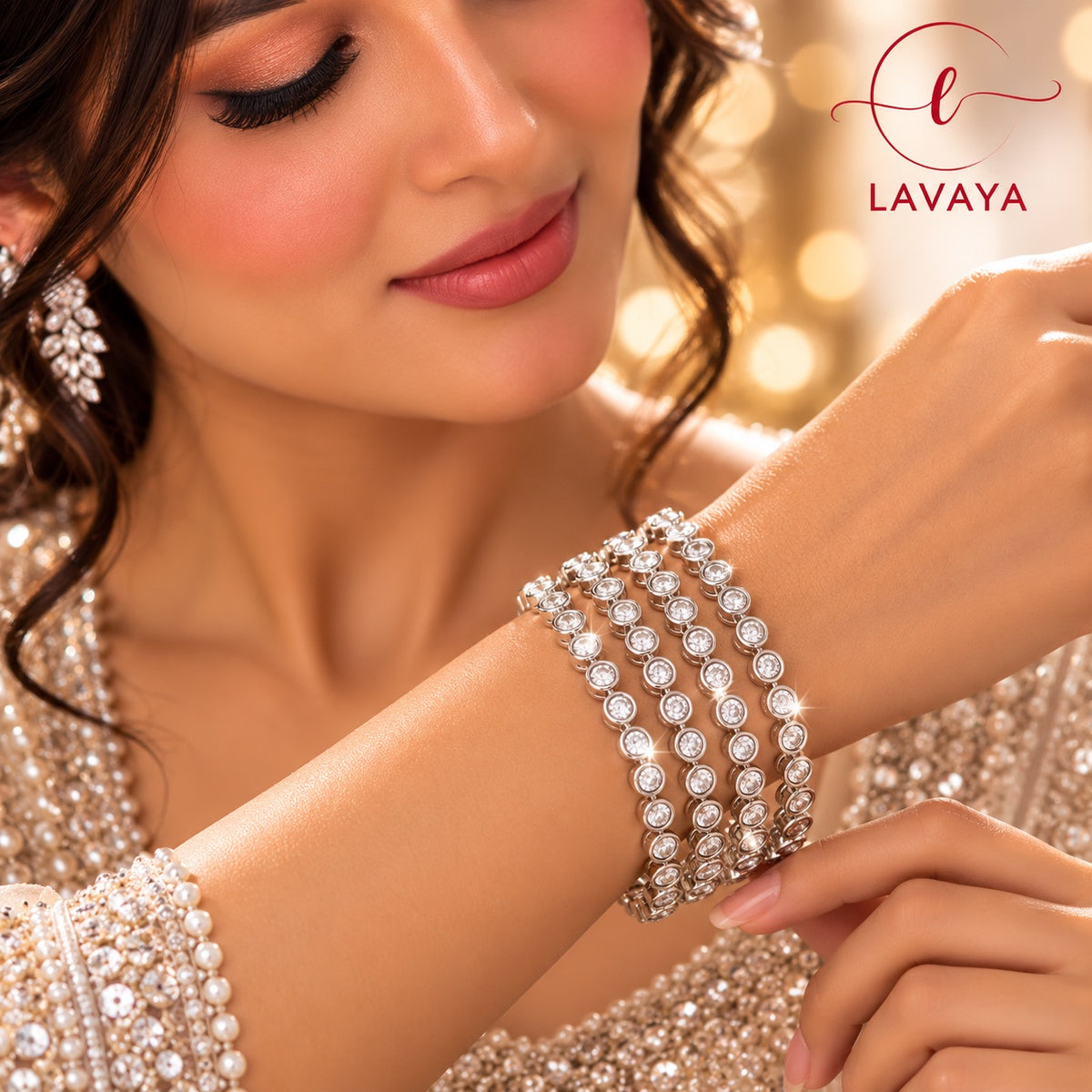 Lavaya Royal Silver-Tone Multi-Layer Crystal Bracelet – Elegant White Stone Designer Statement Bracelet