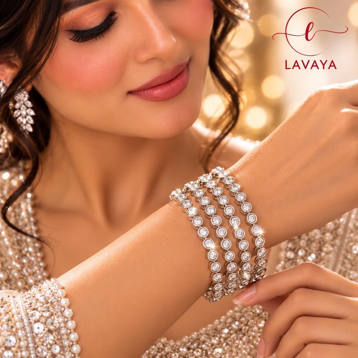 Lavaya Royal Silver-Tone Multi-Layer Crystal Bracelet – Elegant White Stone Designer Statement Bracelet
