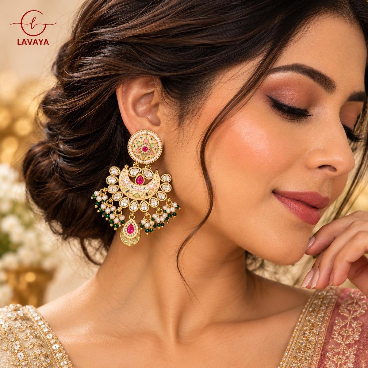 Lavaya Royal Meenakari Kundan Chandbali Earrings with Pearl & Ruby Pink Drops