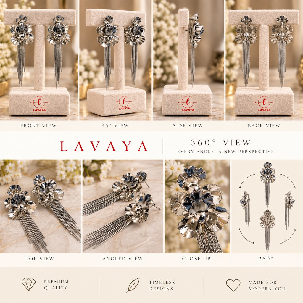 Sculpted Floral Mirror-Petal Statement Chandelier Earrings with Shimmering Chain Fringe