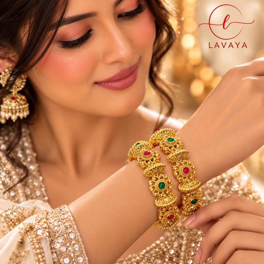 Lavaya Royal Antique Gold-Tone Traditional Kada Bangles with Ruby Red & Emerald Green Stones – Set of 2
