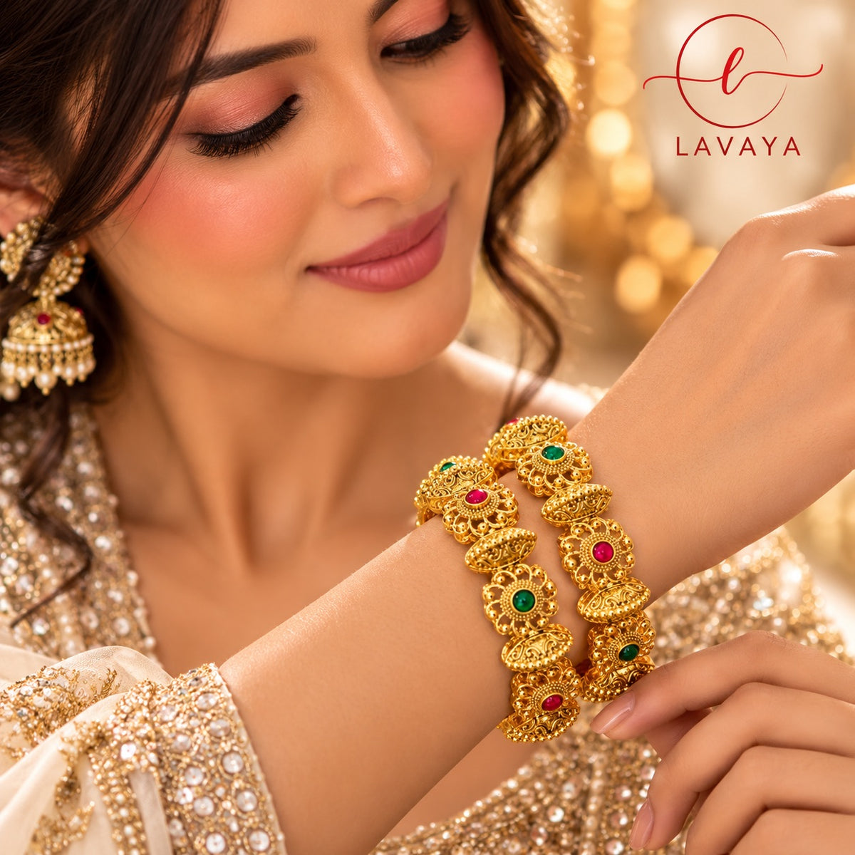 Lavaya Royal Antique Gold-Tone Traditional Kada Bangles with Ruby Red & Emerald Green Stones – Set of 2