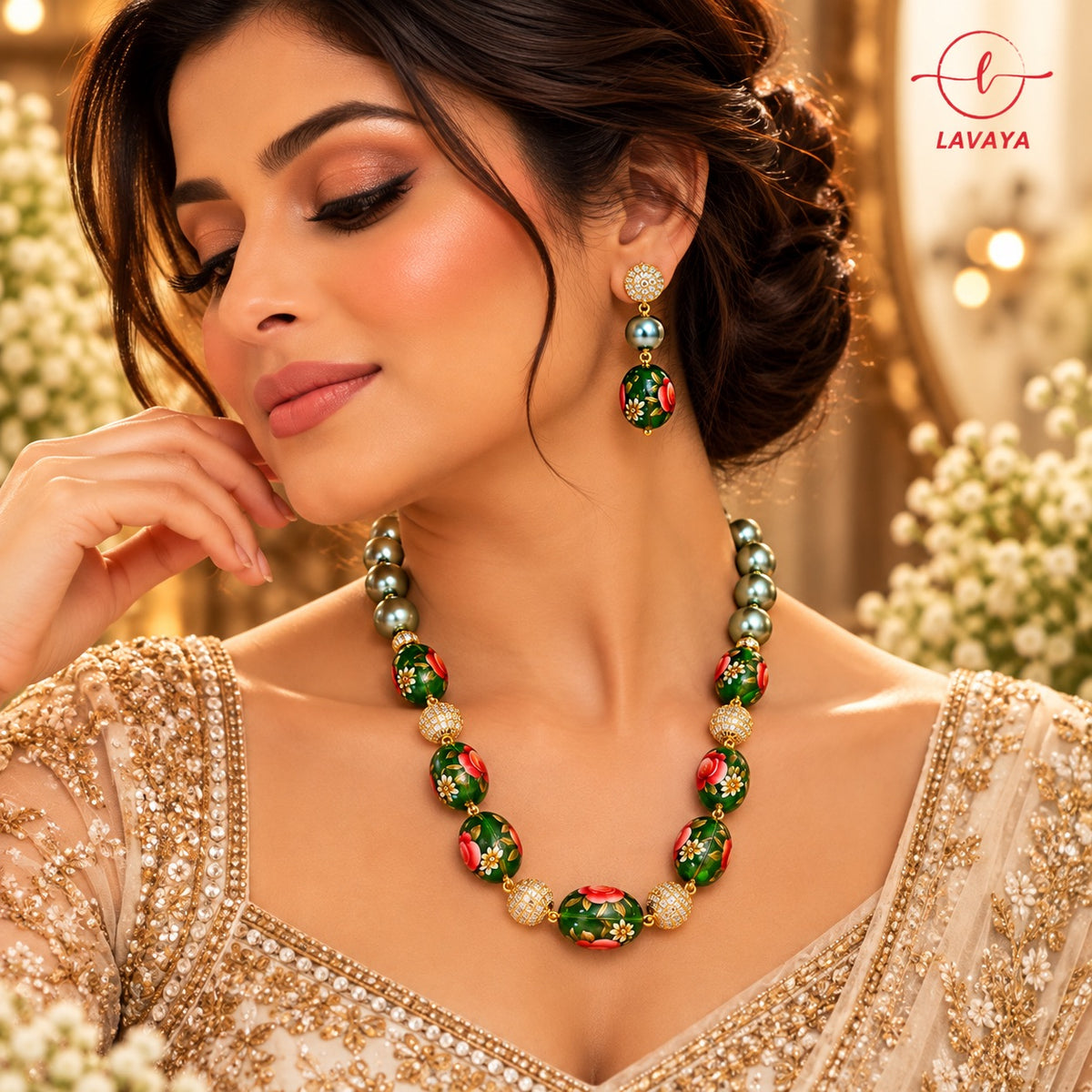 Lavaya Royal Green Floral Meenakari Beaded Necklace & Matching Earrings Set