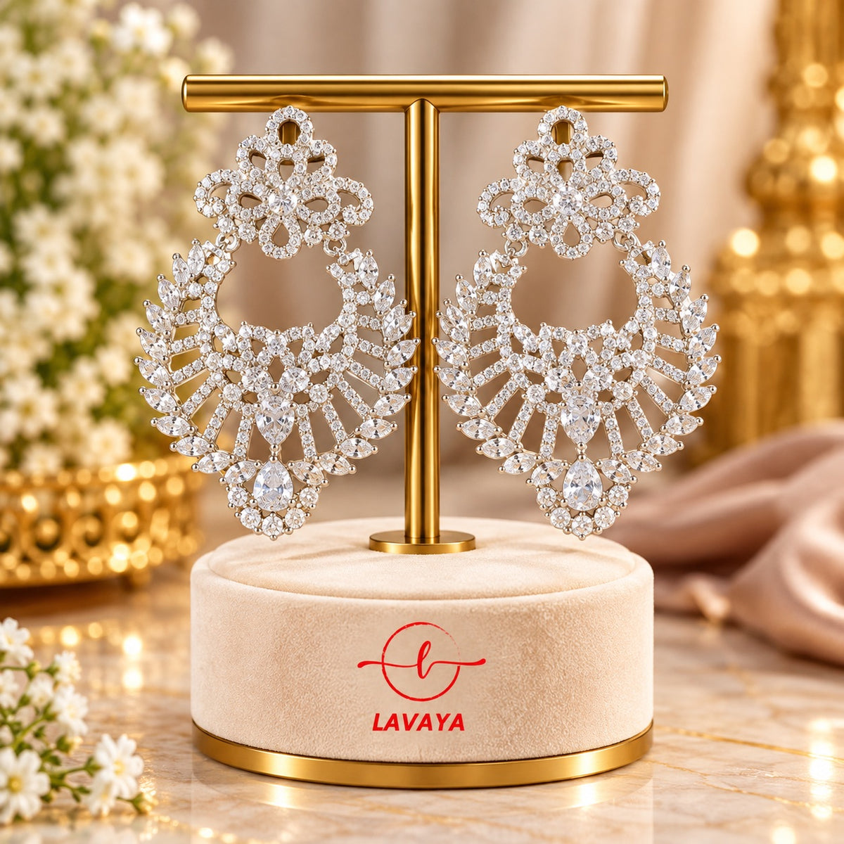 Lavaya Luxury Silver-Tone Crystal Chandelier Earrings for Women – Premium Floral Designer Statement Earrings for Wedding & Party Wear