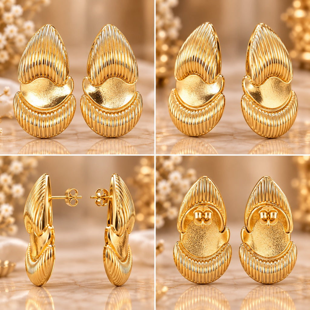 Lavaya Golden Royal Bloom Textured Statement Stud Earrings for Women | Elegant Ribbed Leaf-Inspired Geometric Earrings