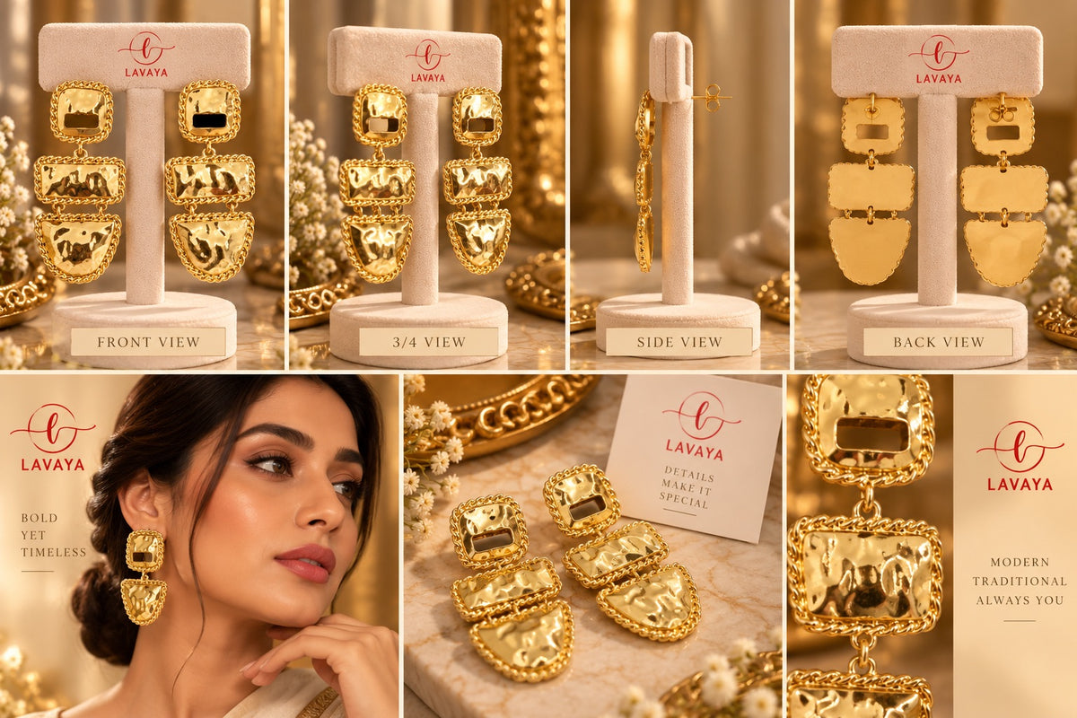 Lavaya Tiered Hammered Gold Statement Dangles