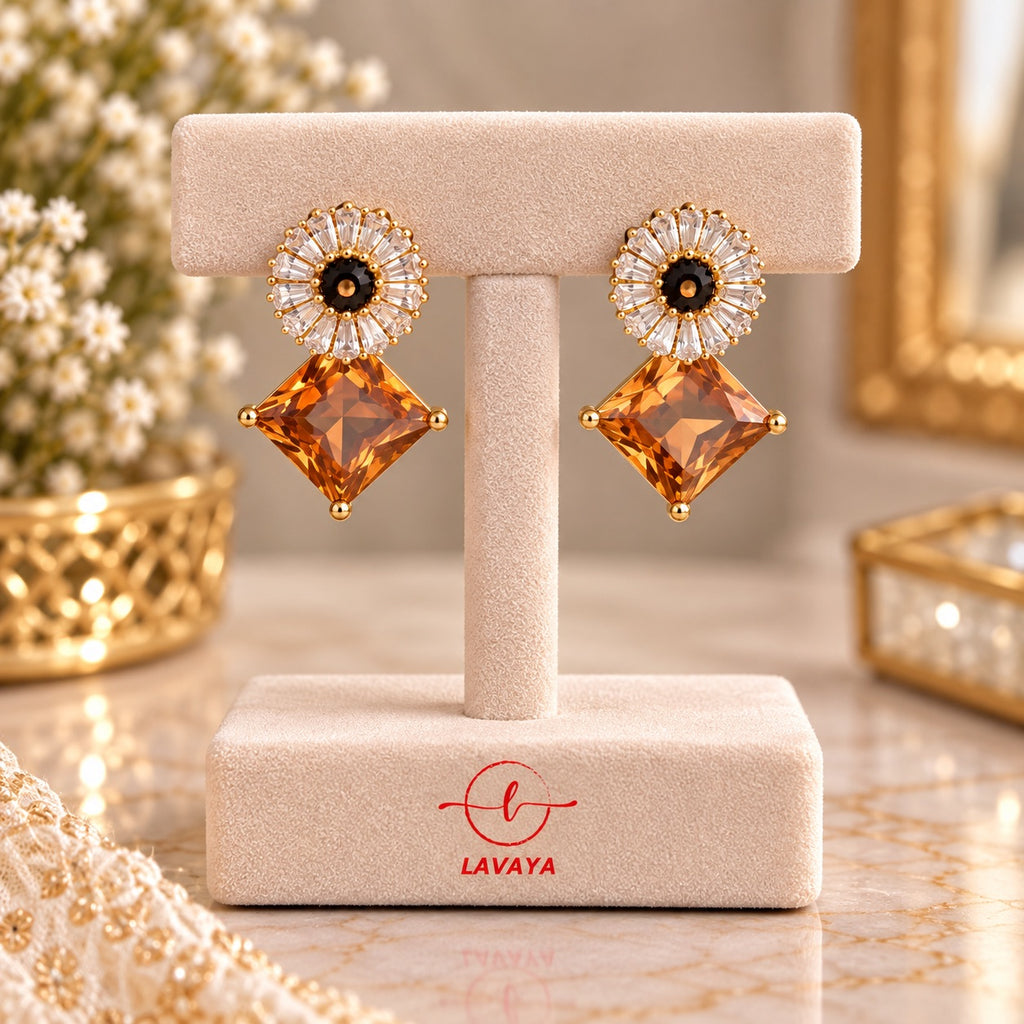 Lavaya Amber Topaz Diamond Rhombus Drop Earrings with Crystal Floral Halo Stud