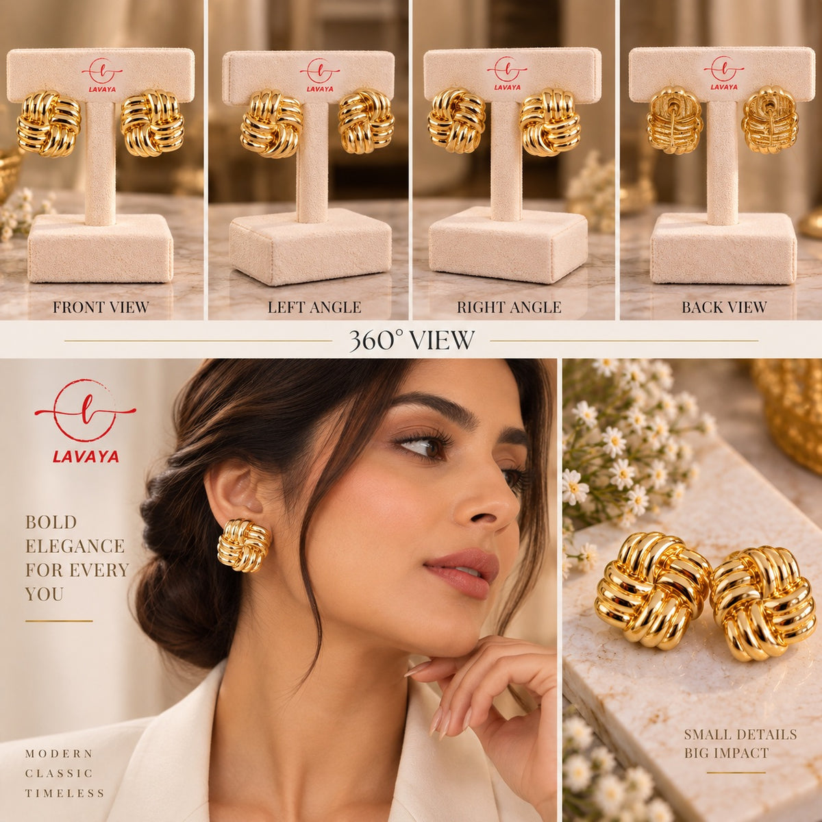 Lavaya Vintage Woven Love Knot Gold Statement Stud Earrings