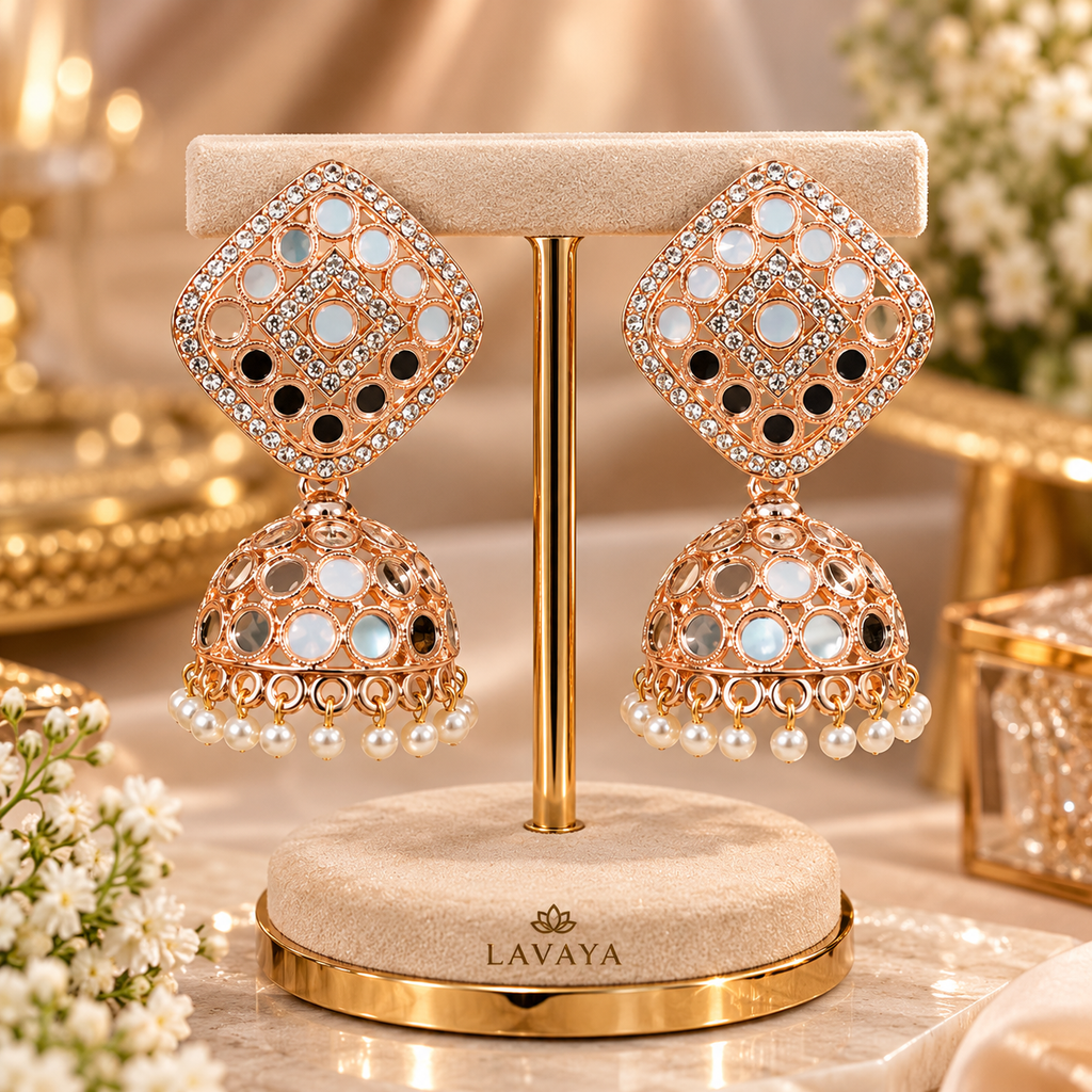 Mirror Work Rose Gold Jhumka Earrings