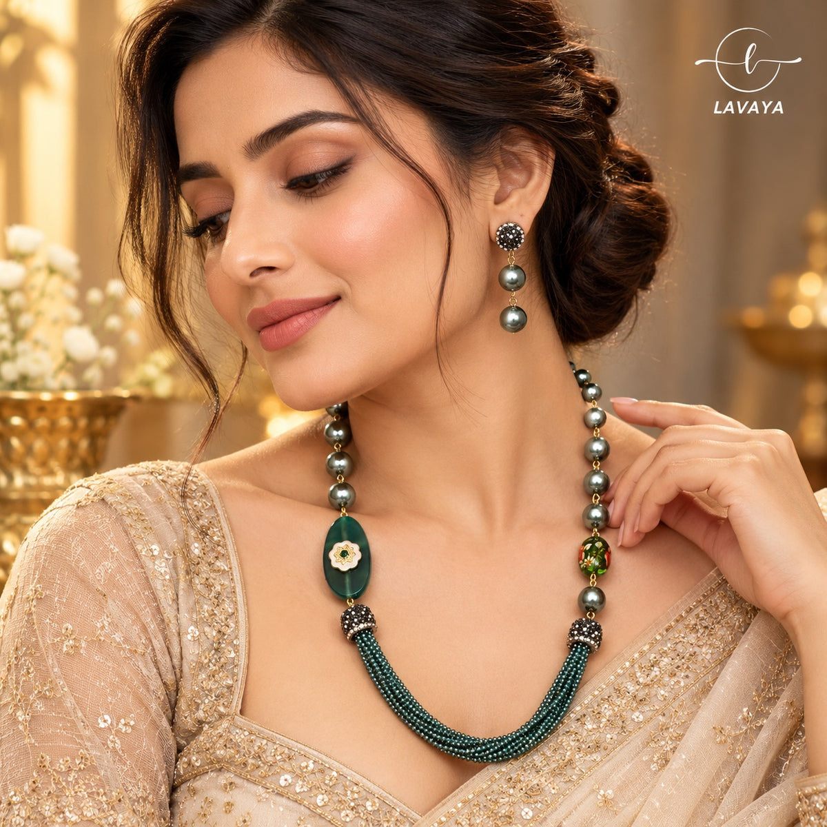 Lavaya Emerald Green Multi-Strand Beaded Necklace with Olive Pearl Accents & Matching Drop Earrings Jewellery Set