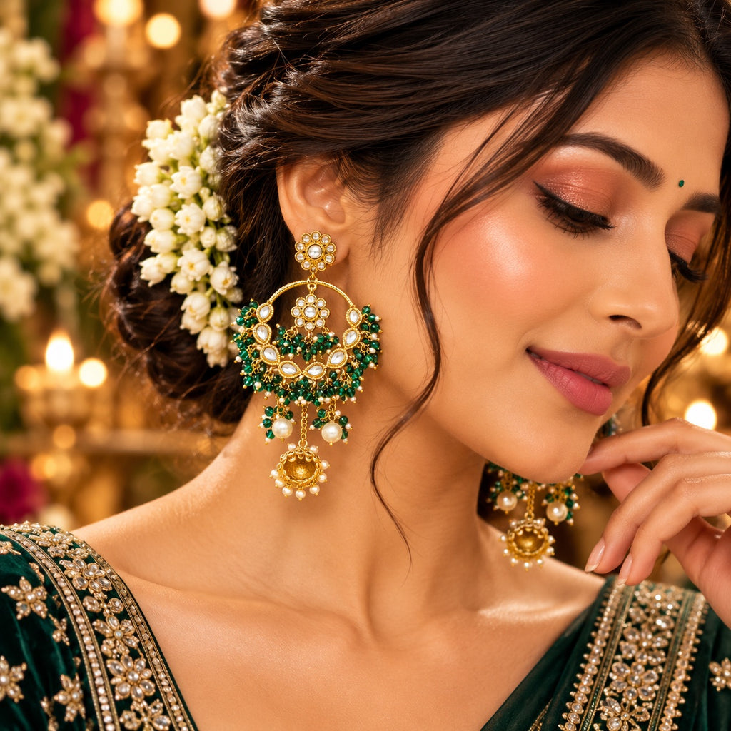 Lavaya Royal Emerald Green Kundan Chandbali Earrings with Pearl & Jhumka Drops
