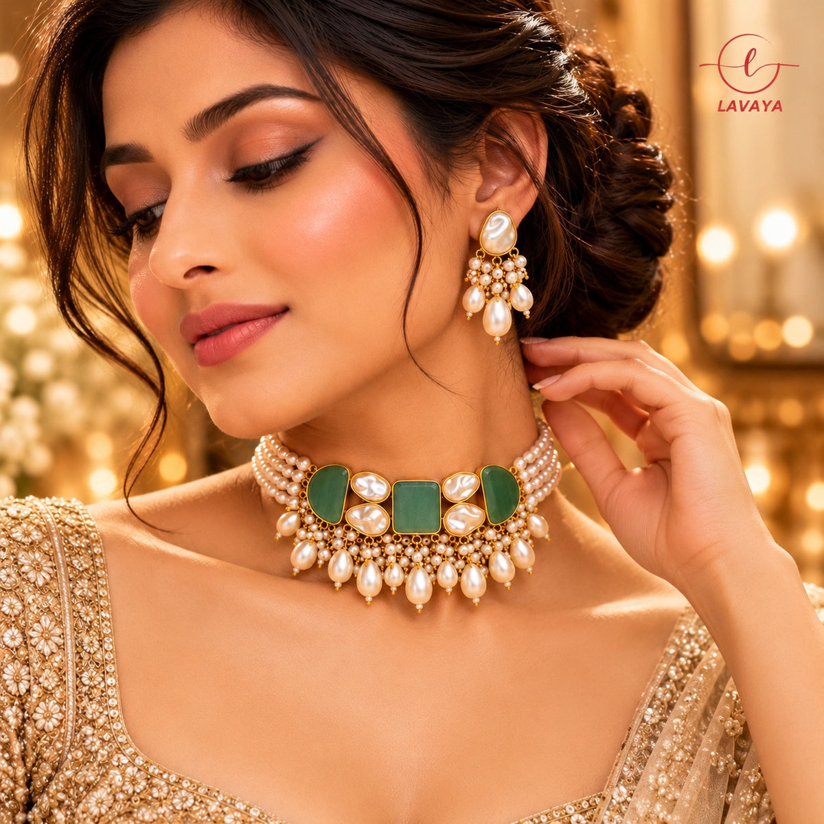 Lavaya Royal Emerald Green & Ivory Pearl Choker Necklace with Kundan-Style Stones & Matching Pearl Drop Earrings Jewellery Set