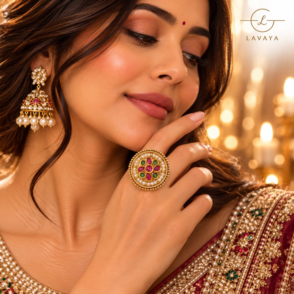 Lavaya Royal Ruby Red & Emerald Green Kundan Floral Statement Ring with Pearl Detailing & Gold-Tone Finish
