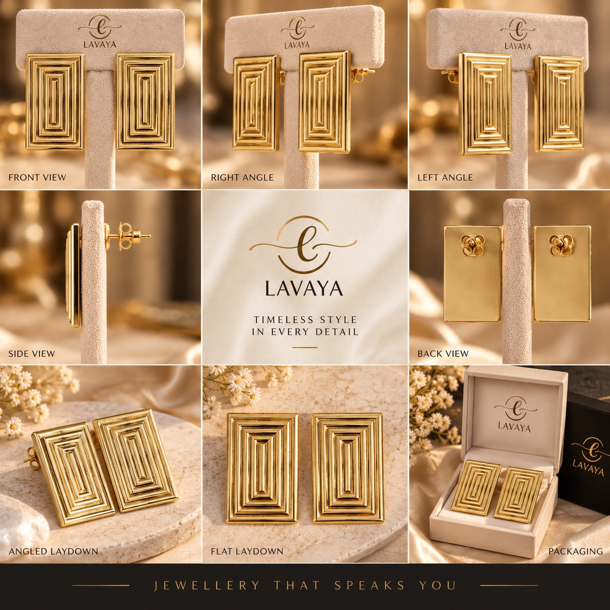 Lavaya Art Deco Stepped Geometric Rectangular Gold Statement Stud Earrings