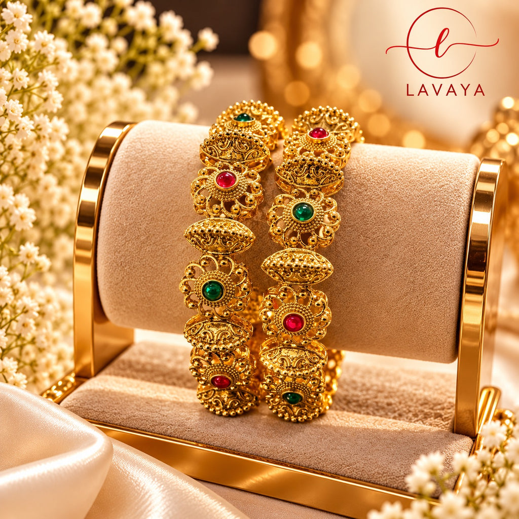 Lavaya Royal Antique Gold-Tone Traditional Kada Bangles with Ruby Red & Emerald Green Stones – Set of 2