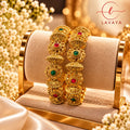 Lavaya Royal Antique Gold-Tone Traditional Kada Bangles with Ruby Red & Emerald Green Stones – Set of 2