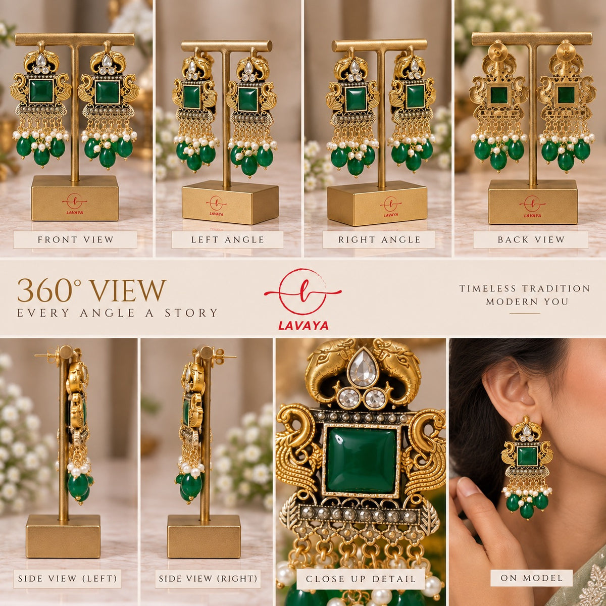 Lavaya Royal Emerald Green Stone Antique Gold-Toned Peacock & Elephant Statement Earrings