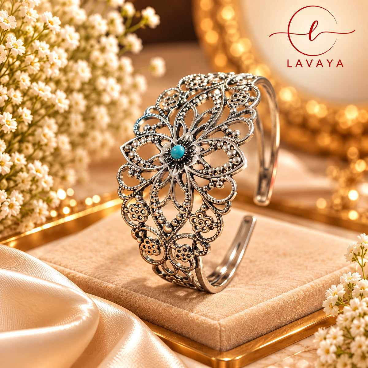 Lavaya Royal Turquoise Floral Oxidised Silver Open Cuff Kada Bracelet – Vintage Filigree Statement Jewellery