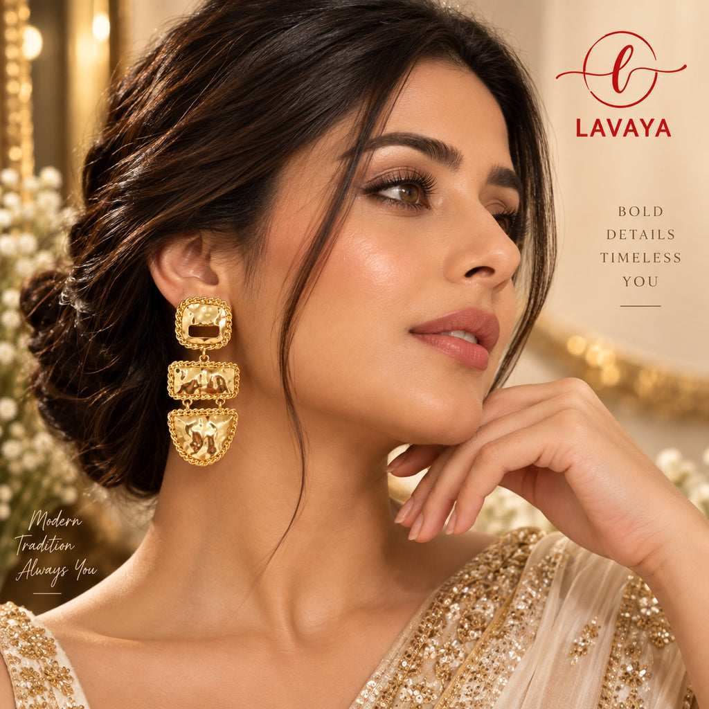 Lavaya Tiered Hammered Gold Statement Dangles
