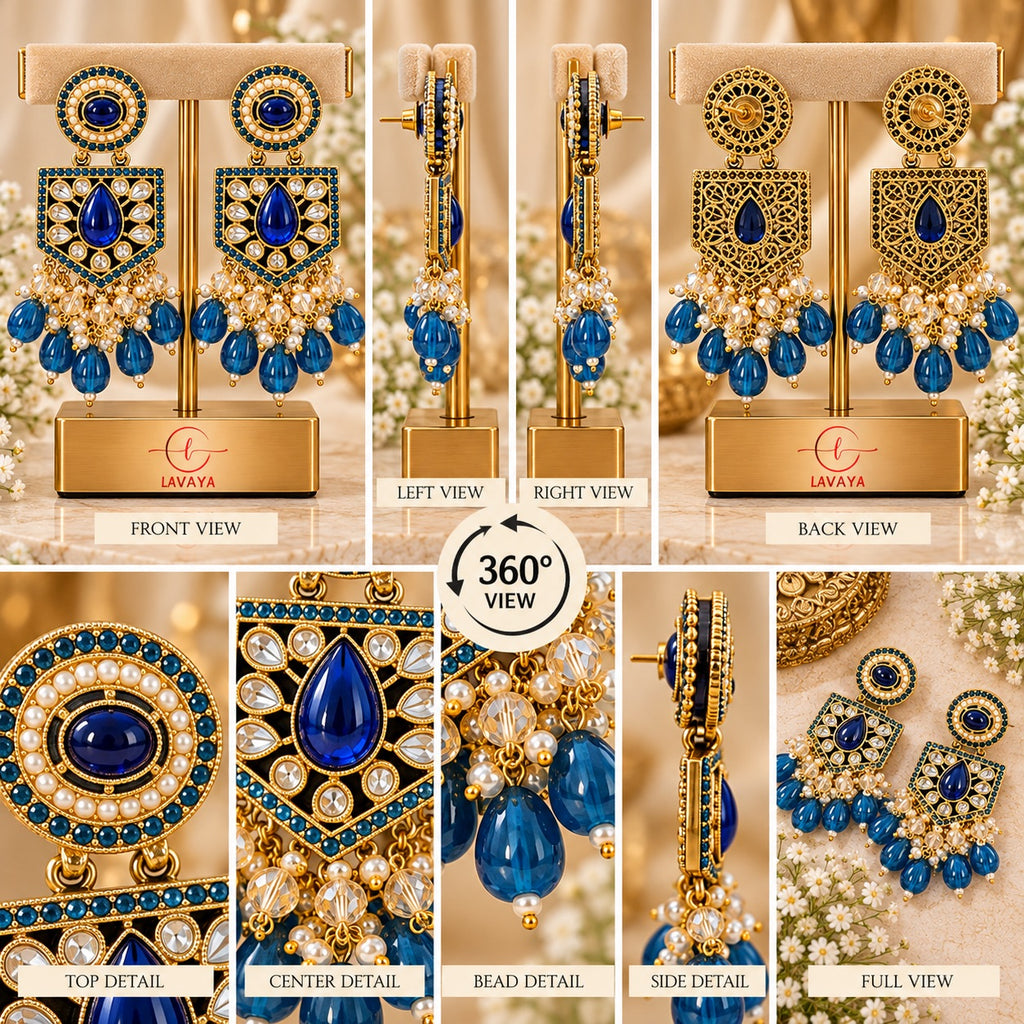 Lavaya Royal Sapphire Blue Kundan-Style Statement Earrings with Pearl & Blue Teardrop Beads