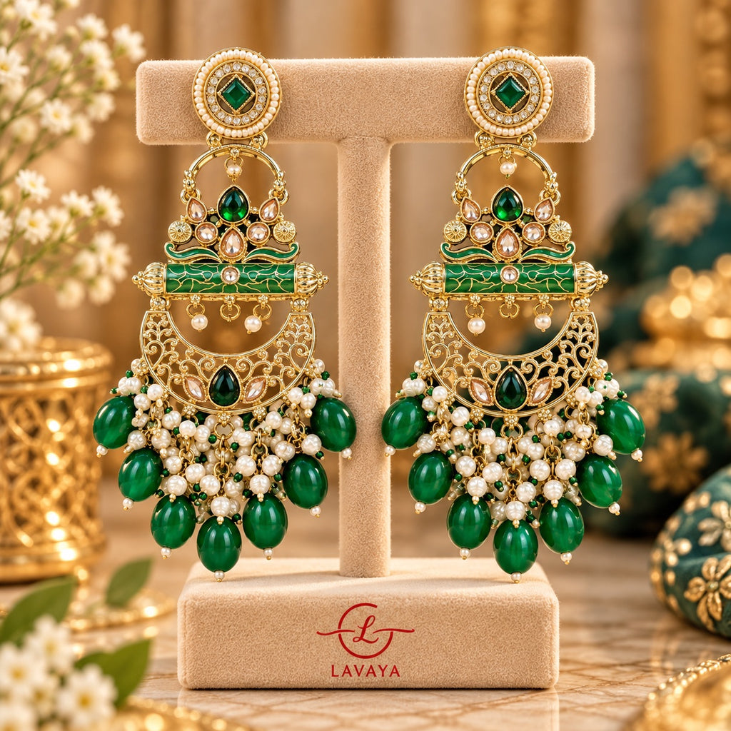 Lavaya Royal Emerald Green Kundan Chandbali Earrings with Pearl & Green Bead Drops