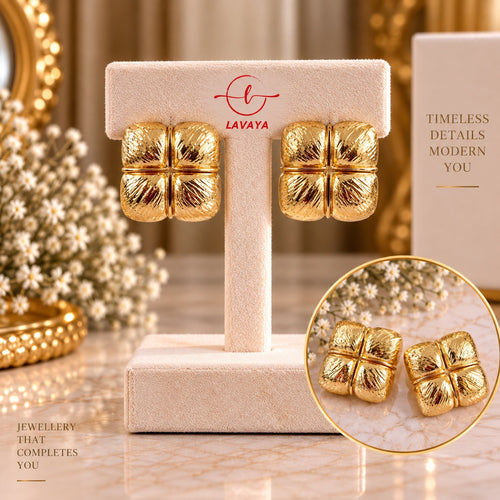 Chunky Divided Square-Cushion Gold Statement Ear Tops with Fine Herringbone Etching