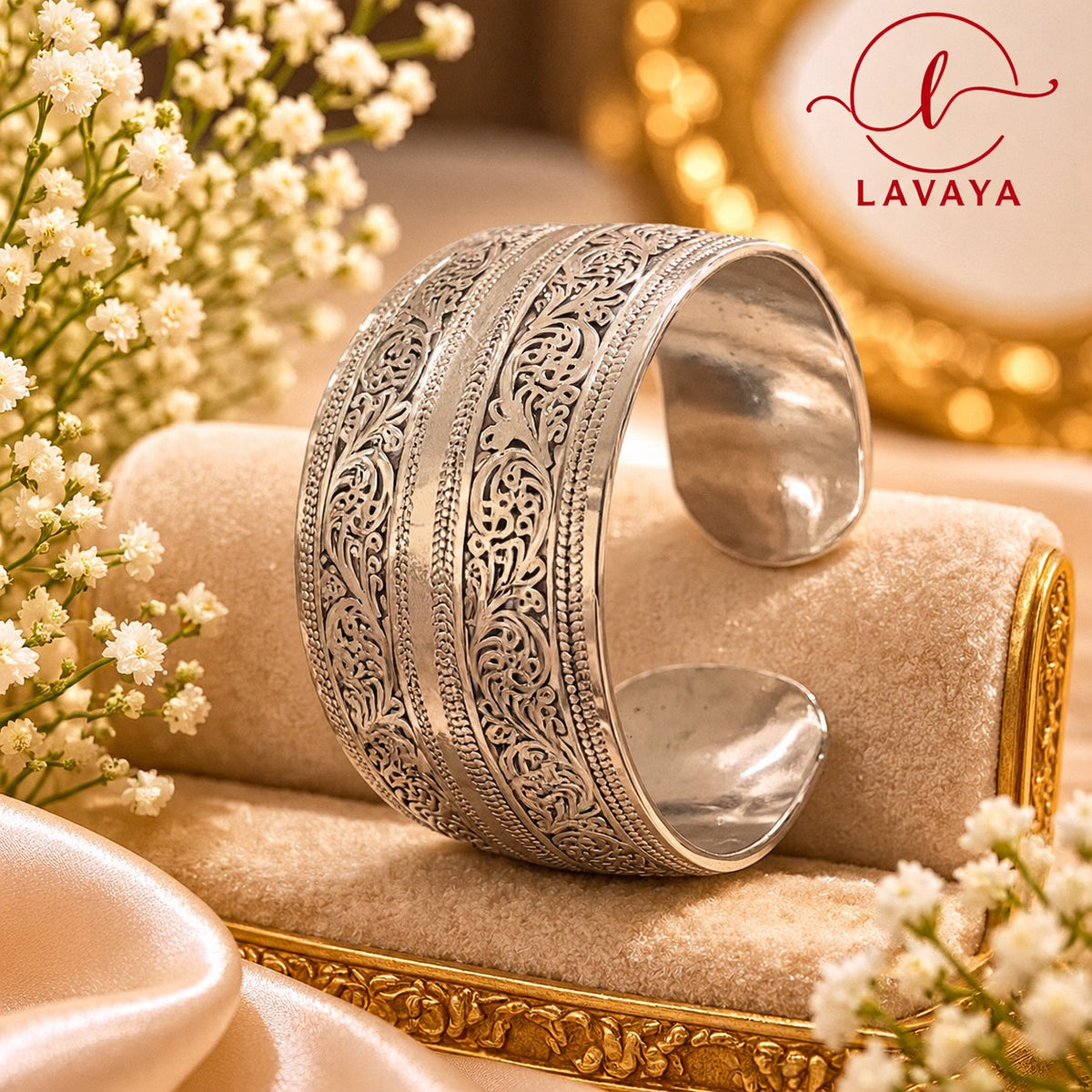 Lavaya Royal Heritage Oxidised Silver Floral Engraved Wide Cuff Kada Bracelet – Traditional Vintage Statement Jewellery
