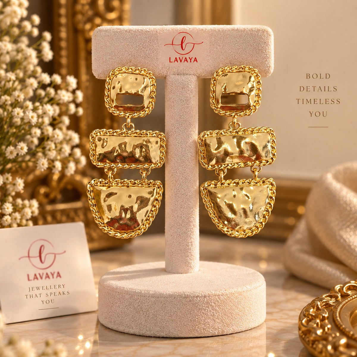 Lavaya Tiered Hammered Gold Statement Dangles