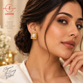 Bold Beveled Edge Gold-Plated Square Frame Pearl Button Stud Earrings for Evening & Office Wear