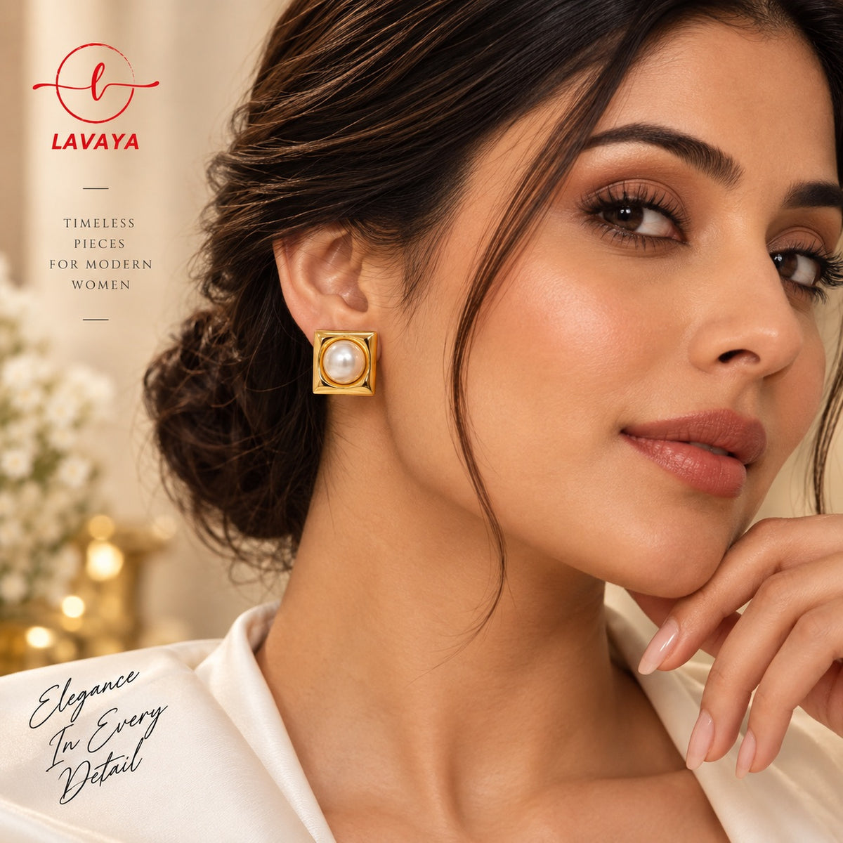 Bold Beveled Edge Gold-Plated Square Frame Pearl Button Stud Earrings for Evening & Office Wear