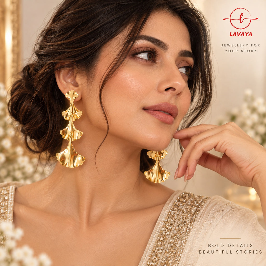 Lavaya Tiered Ginkgo Leaf Fluted Gold Statement Drop Earrings