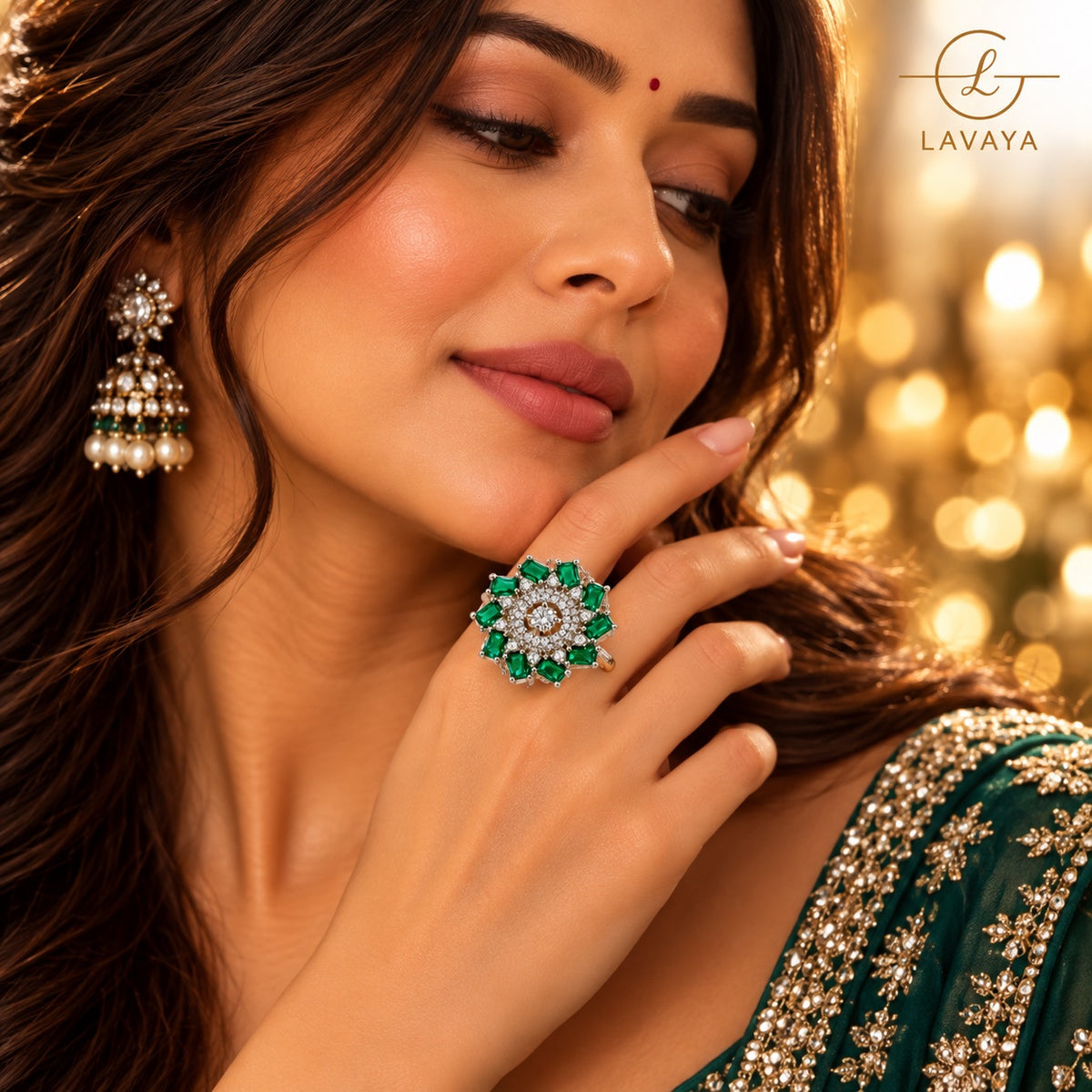 Lavaya Royal Emerald Green Crystal Floral Statement Ring with Sparkling White Stones & Silver-Tone Finish