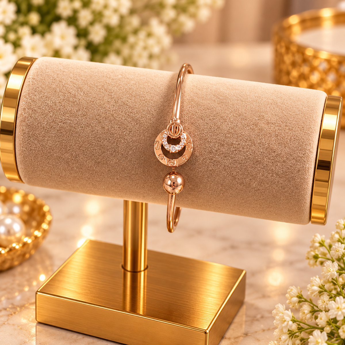 Rose Gold Crystal Charm Cuff Bracelet
