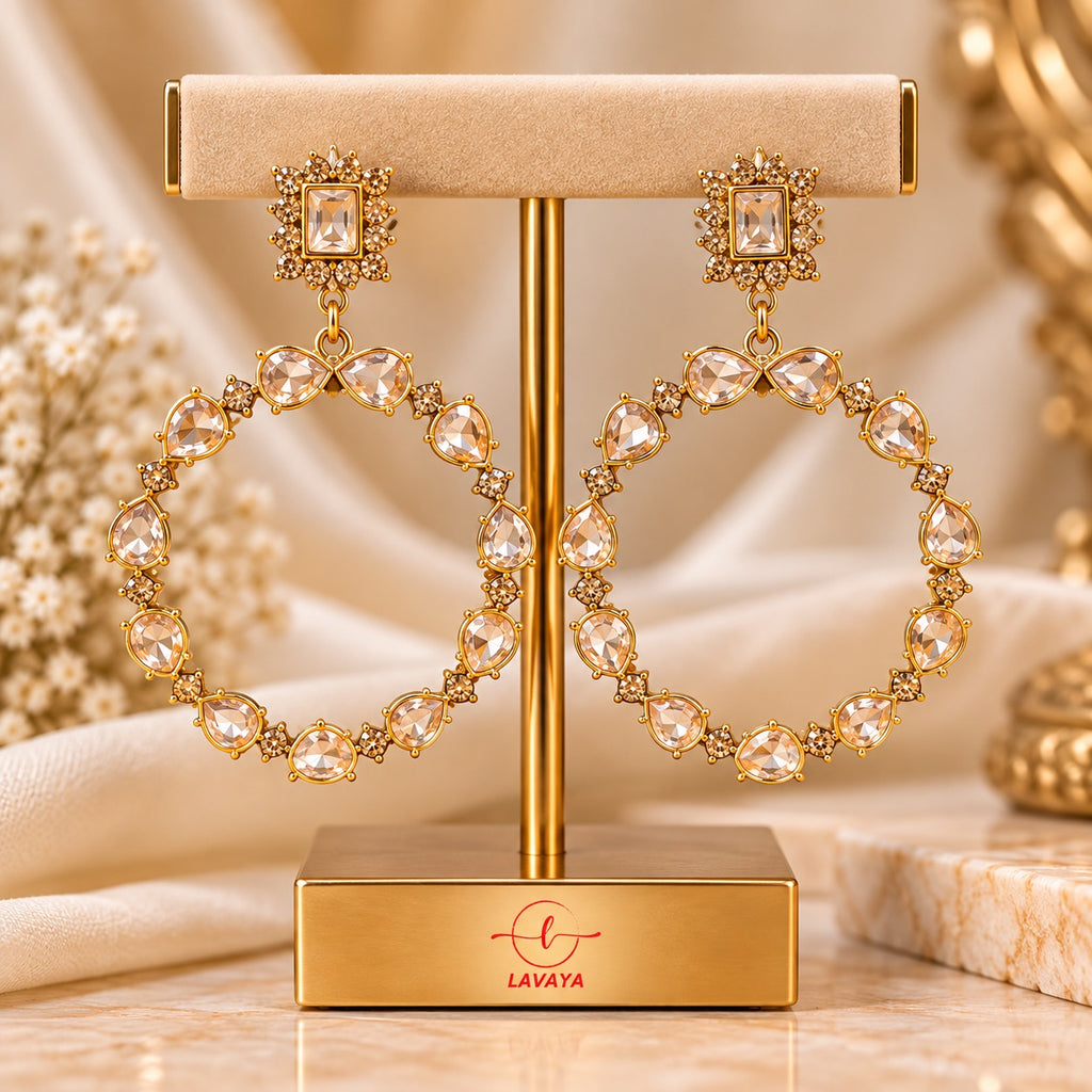 Lavaya Royal Crystal-Studded Gold Statement Hoop Earrings