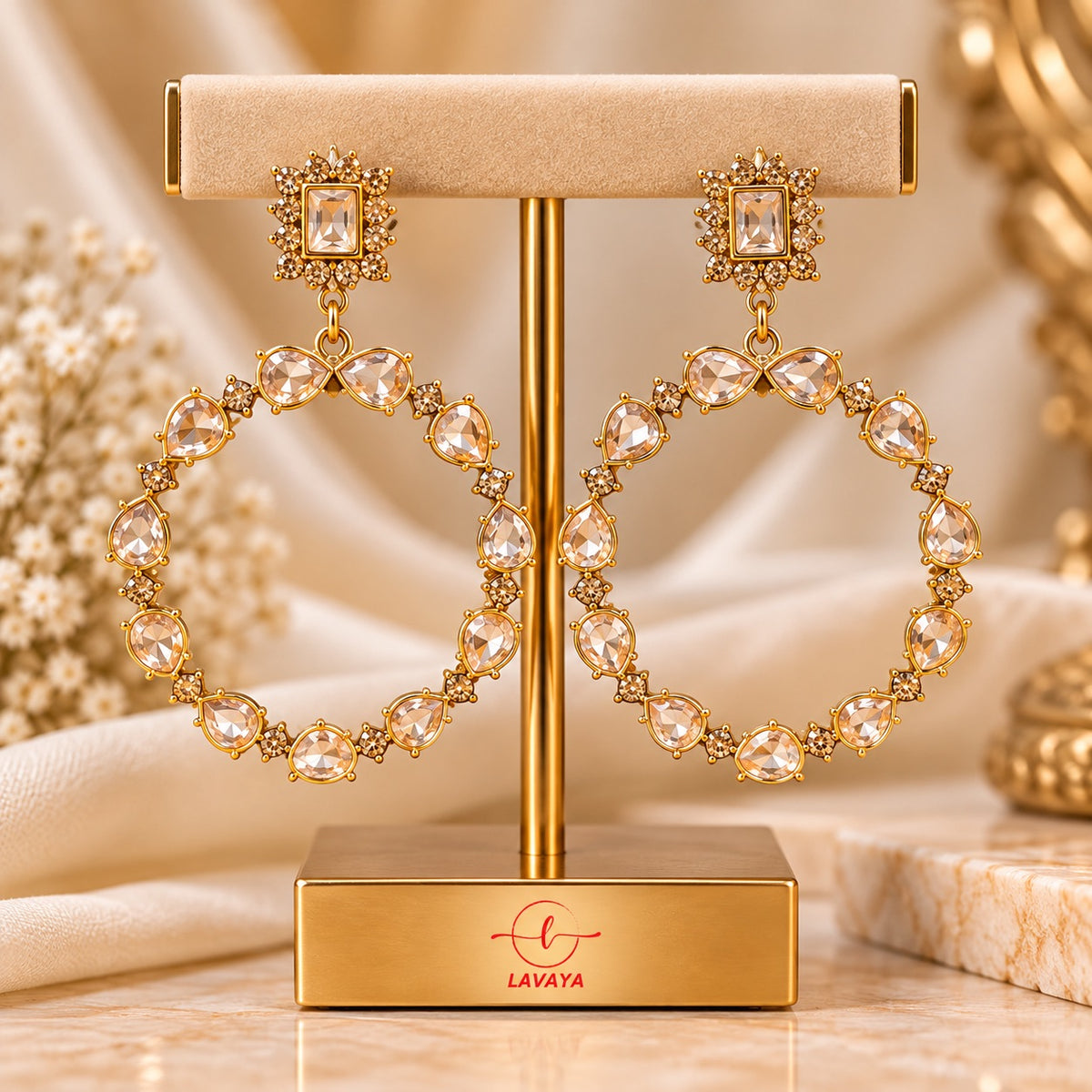 Lavaya Royal Crystal-Studded Gold Statement Hoop Earrings