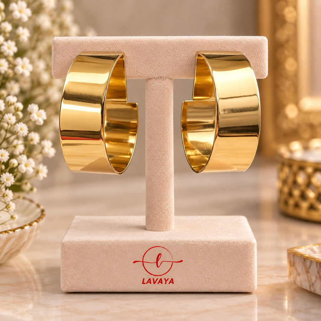 Lavaya Golden Aura Bold Wide Hoop Earrings for Women | Elegant Sculpted Cuff-Style Statement Earrings | Premium Gold-Tone Fashion Jewellery