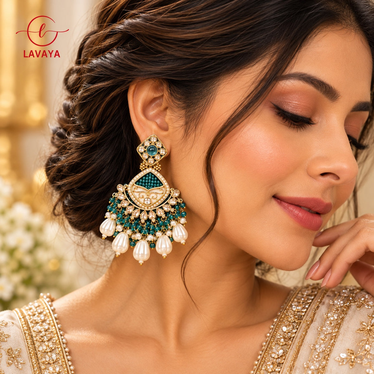 Lavaya Royal Teal Green Kundan Chandbali Earrings with Pearl Drops