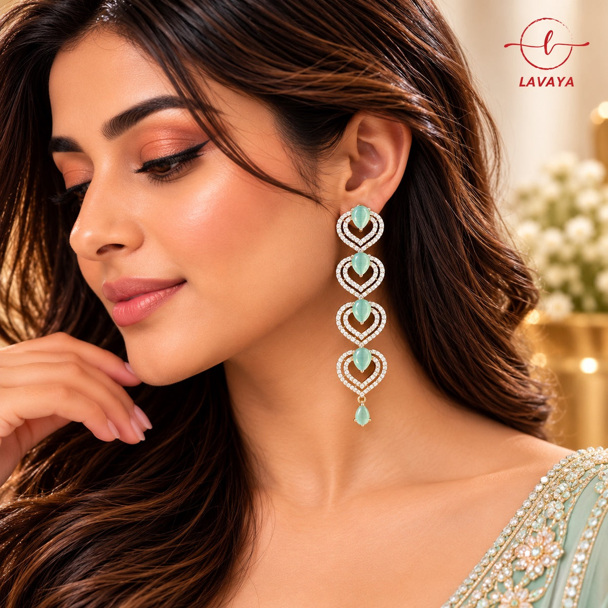 Lavaya Luxury Mint Green Stone & Crystal Heart Drop Earrings for Women – Premium Gold-Tone Designer Long Dangle Wedding & Party Wear Jewellery