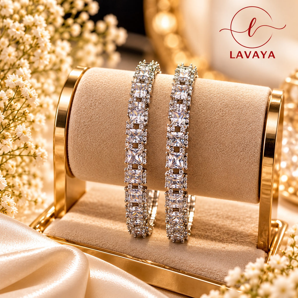 Lavaya Royal Silver-Tone Princess-Cut Crystal Kada Bangles – Luxury Diamond-Look White Stone Designer Bangles Set of 2