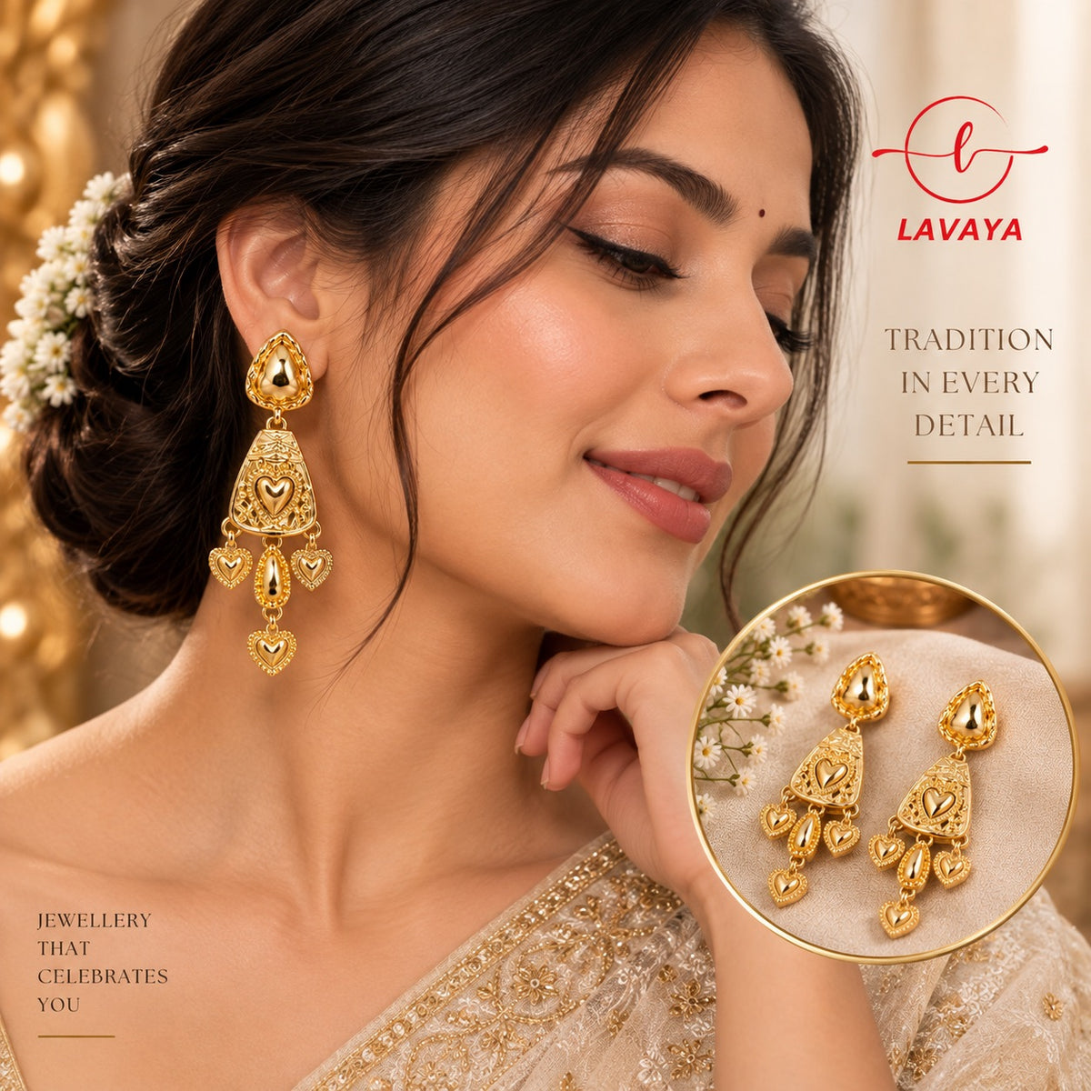 Traditional Intricate Filigree Jhumka Dangler Earrings with Cascading Heart Charms