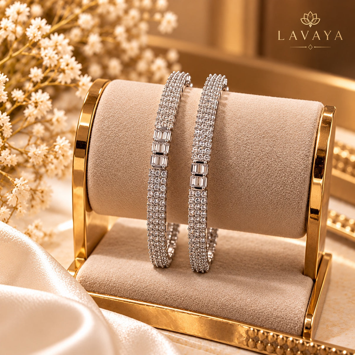 Lavaya Royal Silver-Tone Baguette Crystal Studded Designer Kada Bangles – Luxury Diamond-Look Bangles Set of 2