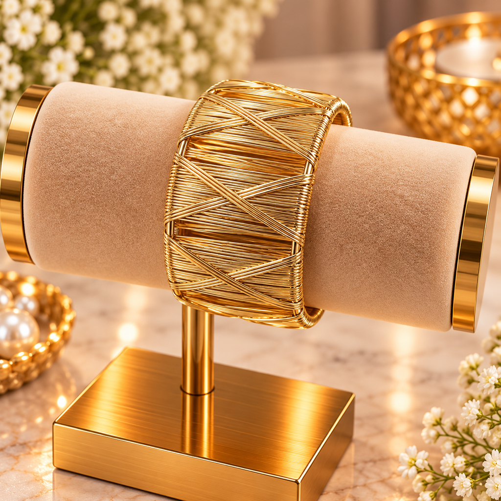 Golden Woven Wire Statement Cuff Bracelet