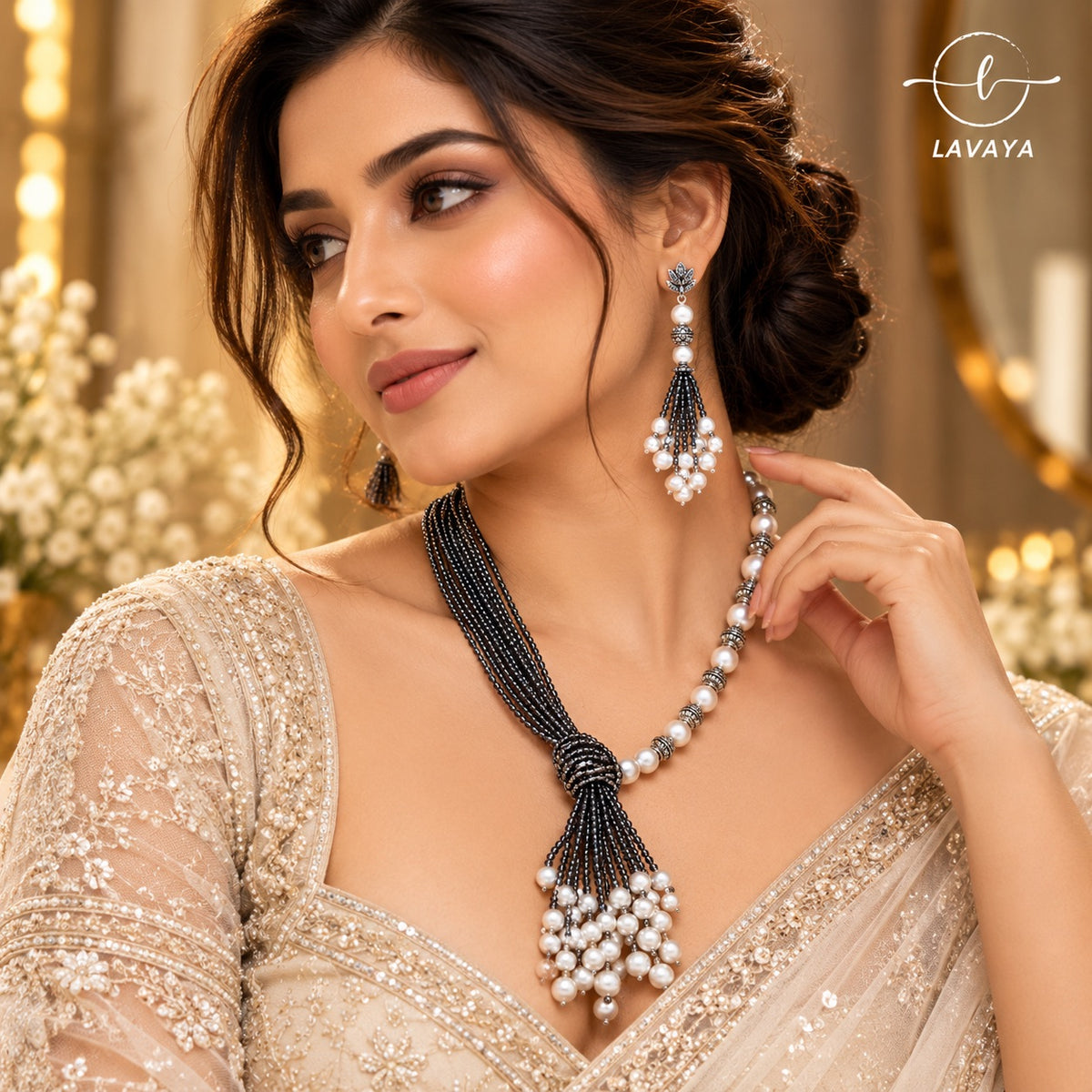 Lavaya Royal Black Beaded & Ivory Pearl Asymmetric Tassel Necklace with Matching Earrings Set