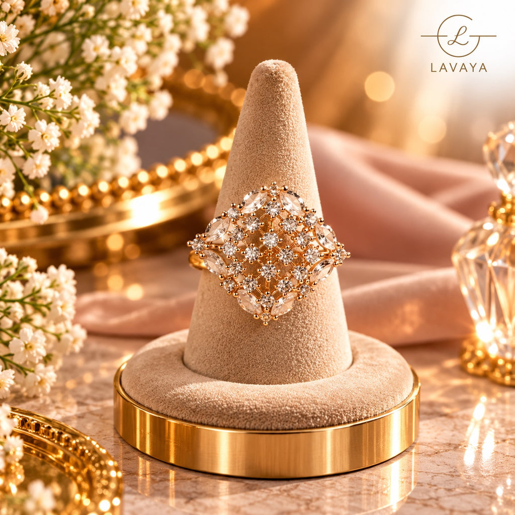 Lavaya Royal White Crystal Floral Cluster Statement Ring with Marquise-Cut Stones & Gold-Tone Finish